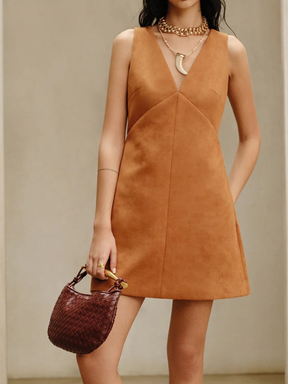 Commense Faux Suede Mini Dress Womens Medium Brown NWT - Picture 3 of 12